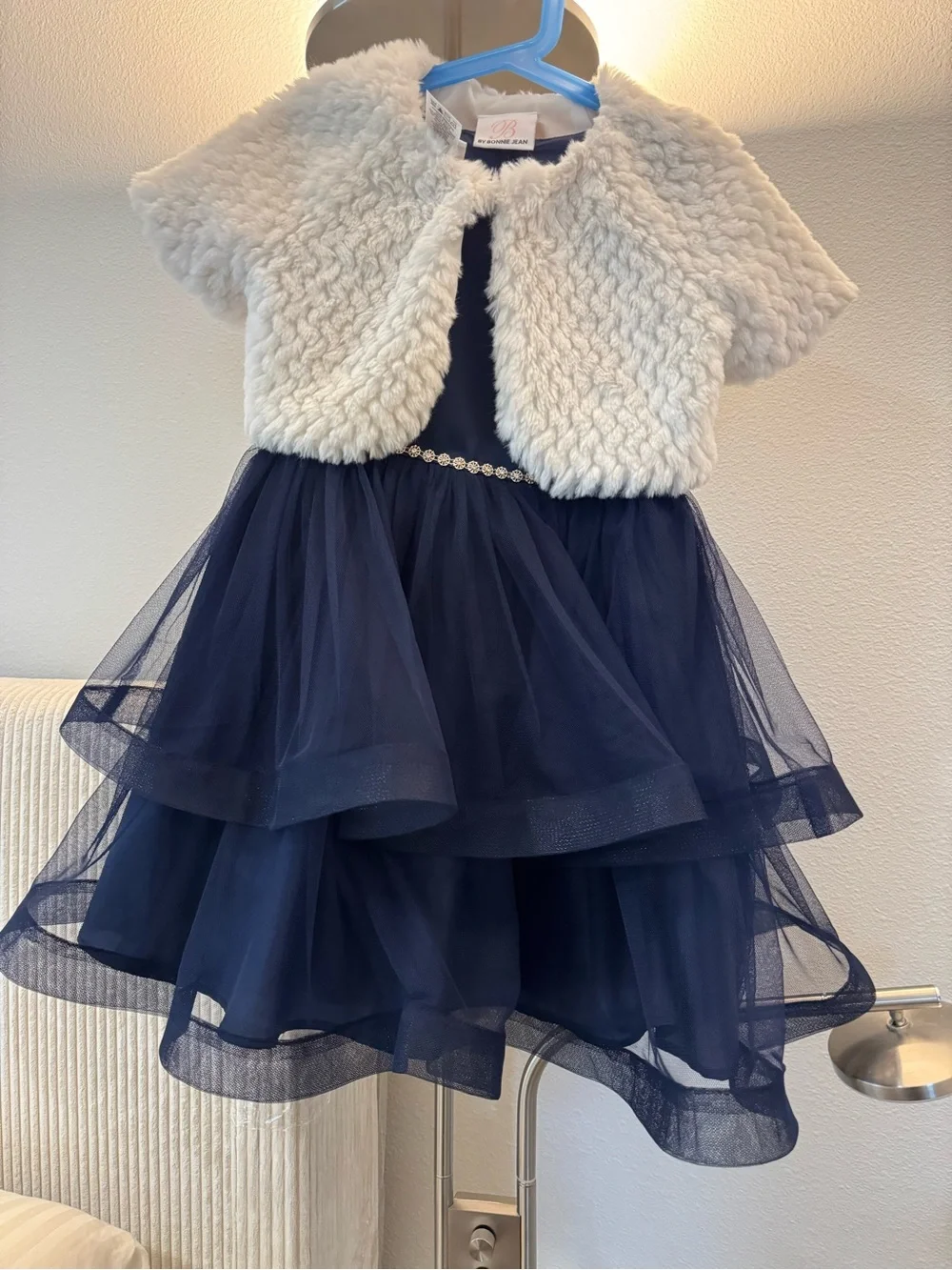 Girl Navy Tulle Party Dress with Ivory Faux Fur Bolero - 6-7